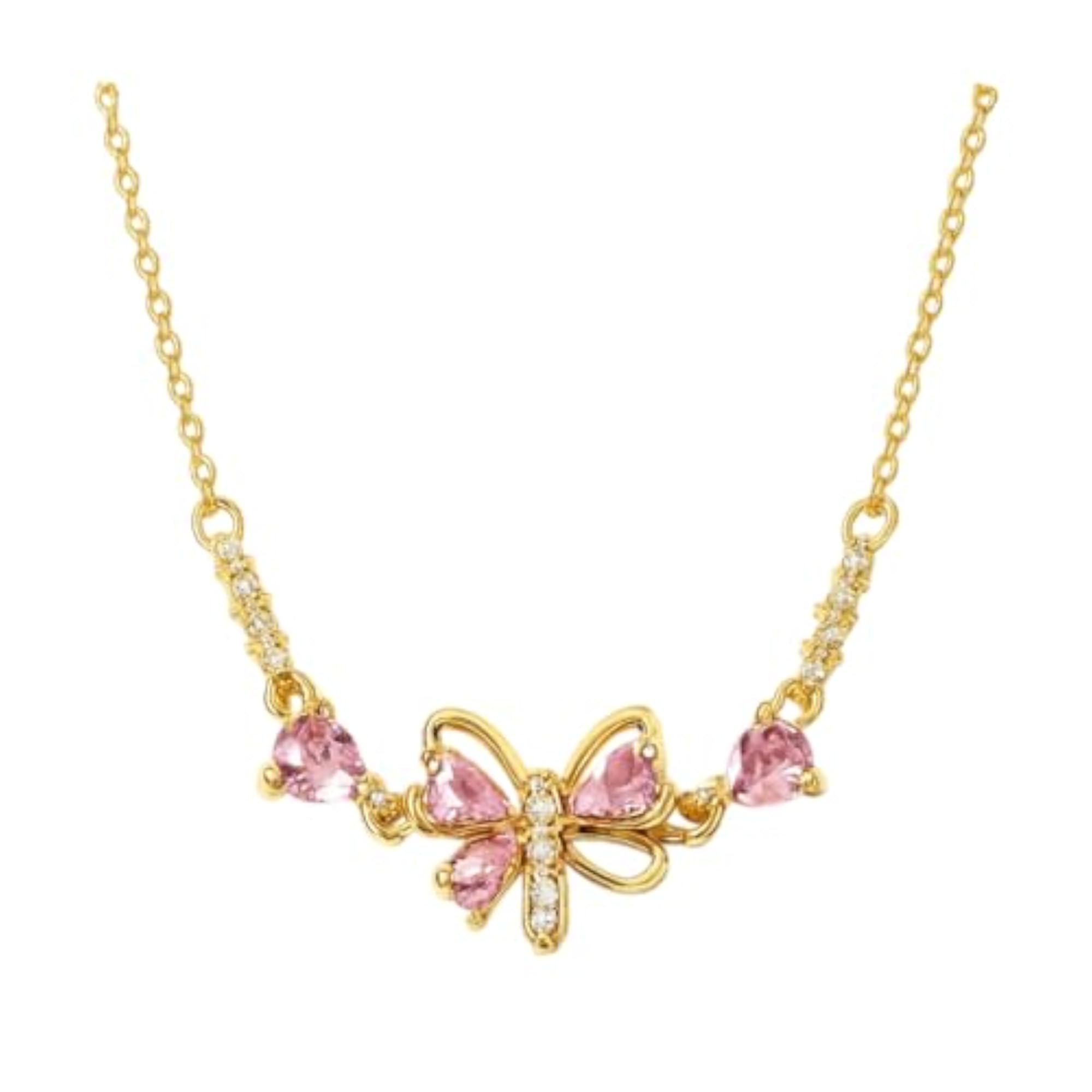 Gold Pink Bow Pendant Necklace for Women, Adjustable