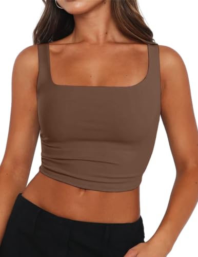 Zeagoo Women's Sexy Square Neck Sleeveless Trendy Going Out Crop Tank Top Summer Sleeveless Shirts Brown - image 1