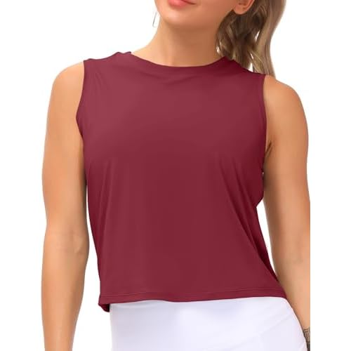 THE GYM PEOPLE Women's Workout Tops in Ice Silk Quick Dry Sleeveless Wine Red Medium