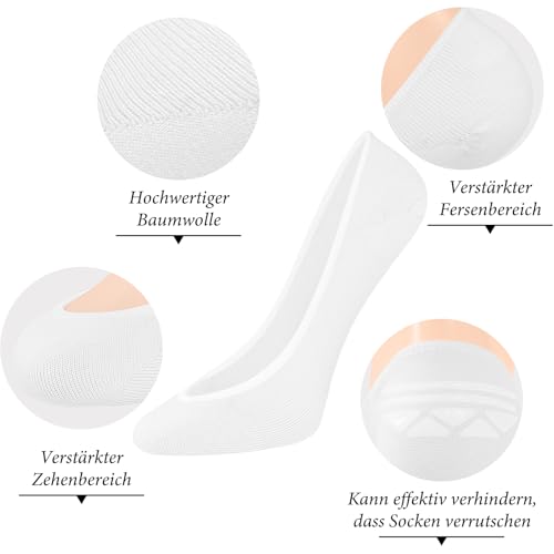 Niofind Füßlinge Ballerina Socken Damen 6 Paar，Atmungsaktiv Unsichtbare Sneaker Socken Damen，No Show Rutschfeste Füsslinge mit Siliconpad，Baumwolle Kurze 6 Weiß 39-42