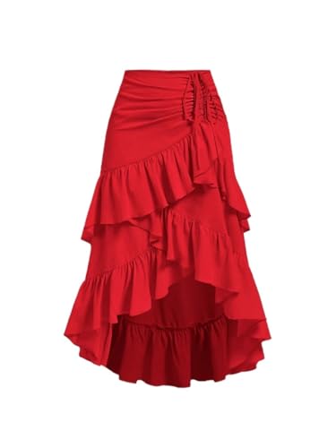 Women High Waist Summer Skirt with High-Low Hem Drawstring Ruffled Summer Skirt