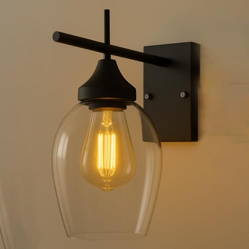 Image of SINOMAN Black Metal Wall Lamp with Oval Clear Glass Shade Modern Home Lighting Decorative Indoor Wall Light Fixture for Living Room, Bedroom, Hallway, Shops, Malls (with Bulb)