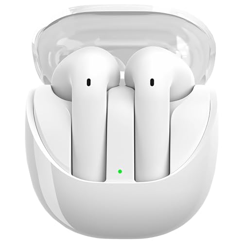 Wireless Headphones Bluetooth 2024, 50H Playtime Deep Bass Earpods, Waterproof Earphone, Semi-in-Ear Headphone with Mic, Wireless Bluetooth Earbuds for Android/iPhone/Samsung (White)