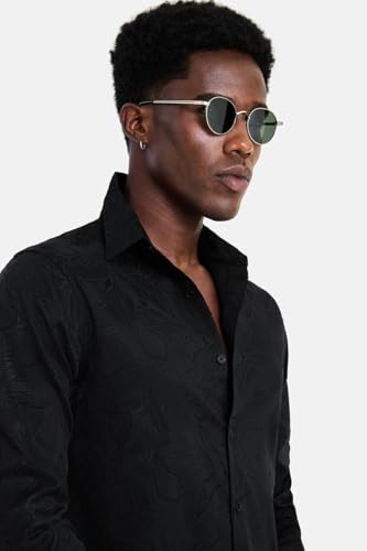 Image of SNITCH Men Shirt | Slim Fit Long Sleeve Spread Collar Jacquard Leaf Pattern | Premium Polyester Cotton Blend & Breathable Fabric for Elegant Events