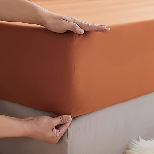 Jyhoney Burnt Orange Sheet Set King Size Caramel Pumpkin Rust Solid Beige Soft Microfiber Bed Sheets Set - 1 Orange Fitted Sheet With 16" Deep Pocket, 1 Beige Flat Sheets, 2 Reversible Pillowcases #TOP5
