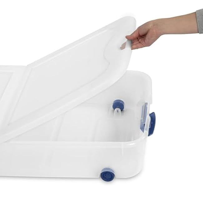 Blue Large Storage Bin, 66 Quart Clear Underbed Storage Container with Latch Lid and Wheels