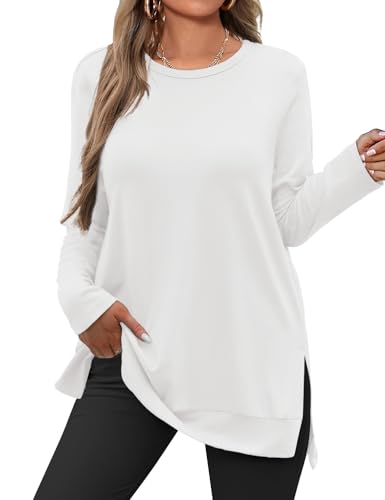 JUSTFASHIONNOW Womens Long Sleeve Tunic Tops to Wear with Leggings Crew Neck Side Split Layering Shirts Loose Fit Long Tops White