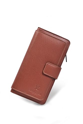 XALORA Women Leather Wallet RFID Blocking Long Wallet with Zip & Trifold Card Holder – Premium Tan Nappa Leather Clutch Purse – Stylish & Durable Travel Organizer