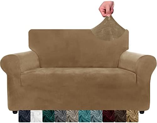 XINEAGE 1 Piece Velvet Couch Covers for 3 Cushion Couch Living Room High Stretch Sofa Cover Pets Dogs Friendly Anti Slip Thickened Slipcovers Furniture Protector (3 Seater, Blackish Green)
