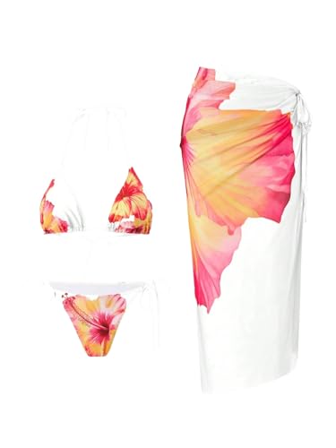 Image of ZAFUL Women's 3 Piece Swimsuit Floral Halter Triangle String Bikini Tie Side Bottom with Boho Cover Up Skirt