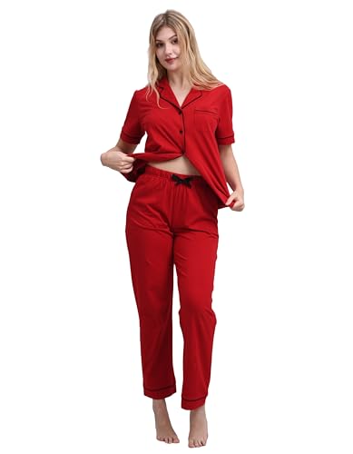 Image of NAP BOUND 100% Cotton Women's Pajama Sets Short Sleeve Button Down Soft Pjs 2 Piece Lounge Set with Pocket Nightwear XS-XXL