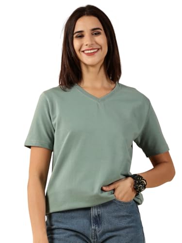 Image of Women's Pure Cotton Relaxed Fit V-Neck Half Sleeve T-Shirt | Gym Wear Casual Look T-Shirt | Regular Fitting with Comfort Wear for Women