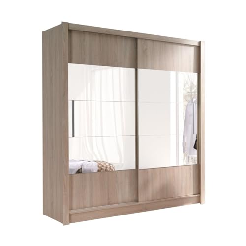 Meublorama Armario, guardarropa Rome 180 cm Dos Puertas con Espejo, vestidor Completo con Perchero y estantes, Roble Sonoma.