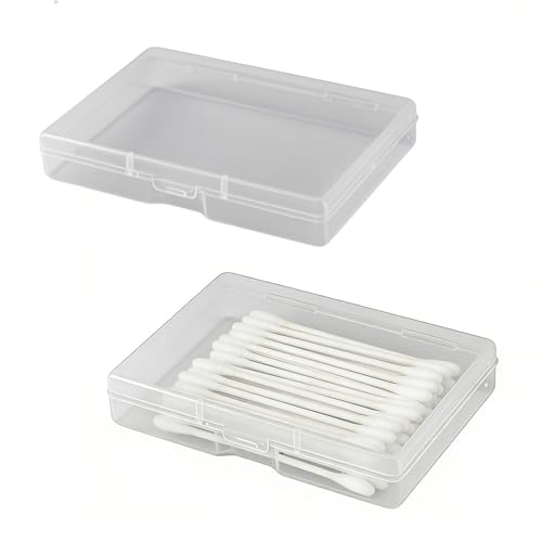 2 Pcs Cotton Bud Holder, Portable Small Cotton Swab Holder, Transparent Plastic Cotton Bud Dispenser, Mini Box for Storing Cotton Swabs, Toothpicks, Flosser, Ear-Buds, Meds, Craft Stuff (Transparent)