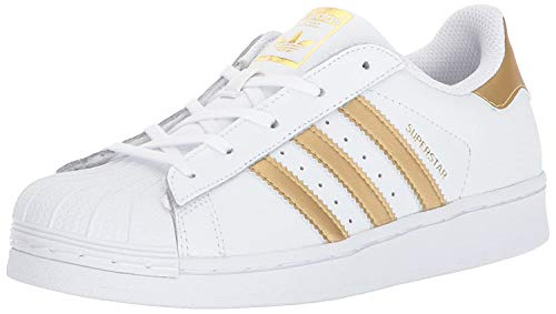 adidas Originals Superstars Running Shoe, White/Gold/Blue, 3 Medium US Little Kid