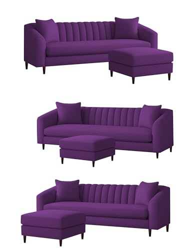 Image of Casaliving Doraldo 4 Seater L Shape Convertible Sofa Set for Living Room, 3 Seater & Ottoman Modular Sectional Couch for Small Space (Purple Colour) Fabric