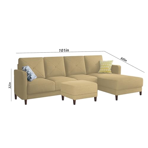 Image of Baloney RHS 6 Seater L Shape Sofa Set with Center Table for Living Room (Cream Fabric) Premium Fabric Sofa