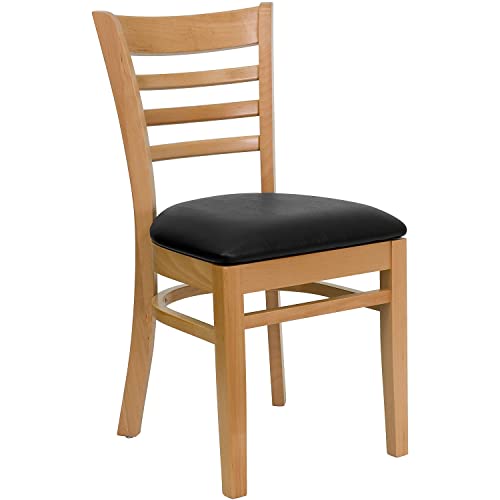 Image of Flash Furniture 2 Pack HERCULES Series Ladder Back Natural Wood Restaurant Chair - Black Vinyl Seat