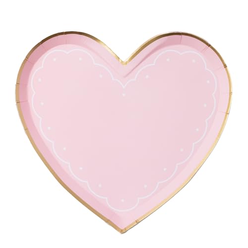 Bonjour Fête Pink Lacy Paper Party Heart Shaped Plates | Disposable Small Plates for Valentine’s Day, Bridal Showers & Romantic Gatherings | Premium Party Supplies | Pack of 8, 8.3