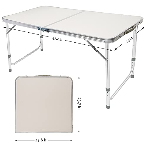 FORUP Folding Camping Table, 4 Ft Aluminum Folding Table with Handle, Adjustable Portable Camp Table for Picnic, BBQ, Party, Beach, White