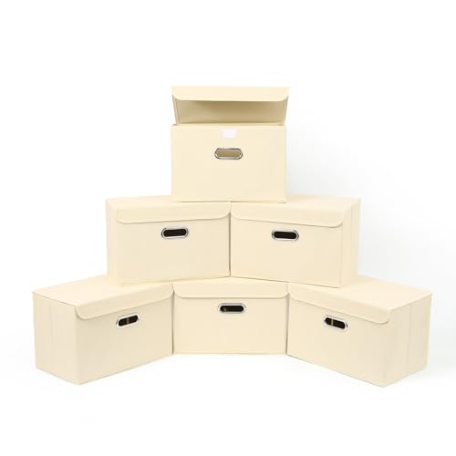 STOREONE Fabric Storage Cube Bins Foldable Organizer Container Collapsible Basket with Lids and Metal Handles, for Home, Bedroom, Closet 6 Pcs (Creamy-White)