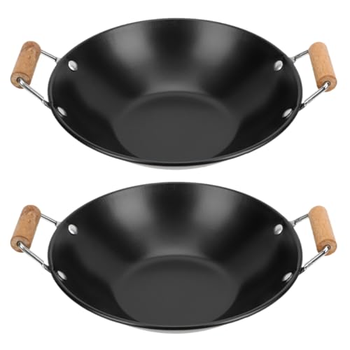 BRIGHTFUFU Olla Seca Pequeña de Metal Inoxidable con Doble Mango de Madera, 2 Piezas para Cocinar al Vapor y Wok, Sartén Resistente para Estufa y Cocina Portátil, Utensilios de Cocina