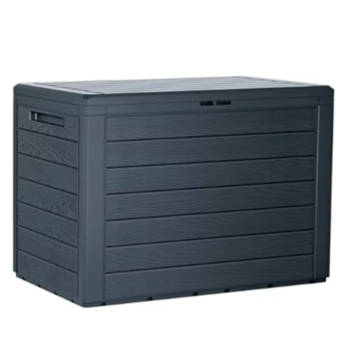 Garden Storage Box Plastic Organizer Wood Effect Outdoor Bench Large Deck Cusion Organizer Furniture Lid Container Woodebox (Anthracite, 190L)