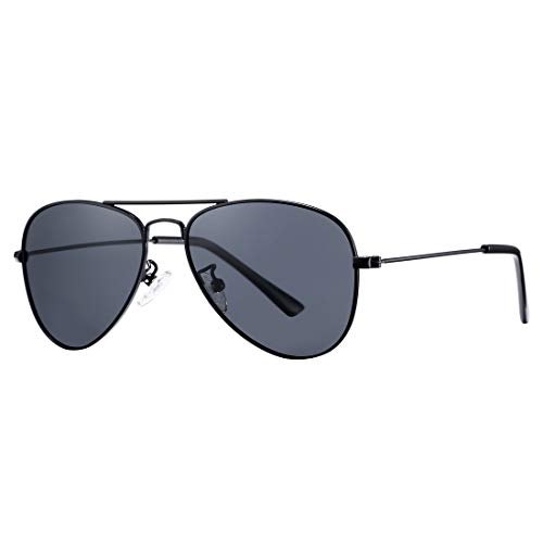 COASION Kinder Pilotenbrille mit Edelstahl Metall Gestell, verspiegelt oder getönt, Fliegerbrille, Sonnenbrille (A6 Schwarzer Rahmen/Graulinse)