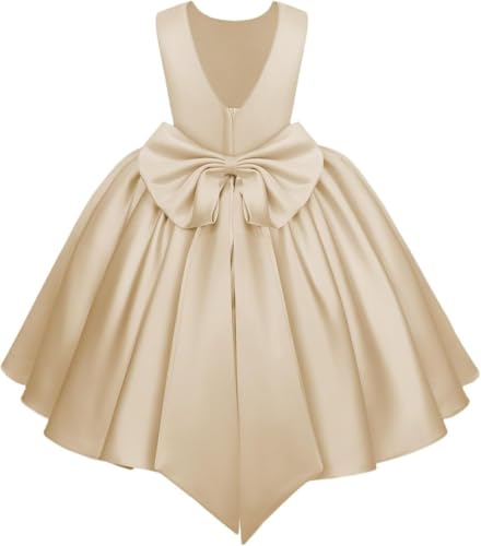 Girls Satin Flower Dresses for Wedding Short Princess Pageant Gown Bow First Communion Dress Short Sleeves