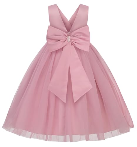 Uhnice Flower Girls Satin Dress Sleeveless V-Back Formal Ball Gown for Wedding Party