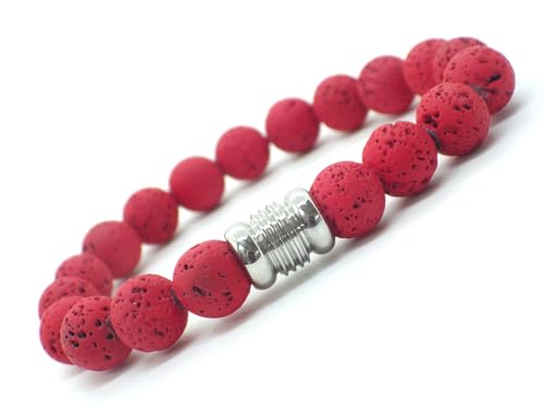 Bracelet homme perles pierre de lave rouge et acier durable
