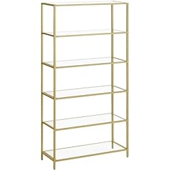 Estanterias Cristal Y Metal VASAGLE Estantería de Cristal de 6 Niveles, Librería, Expositor, Cristal Templado, Fácil de Montar, para Baño, Salón, Dormitorio, Oficina, Dorado Metálico LGT503A01