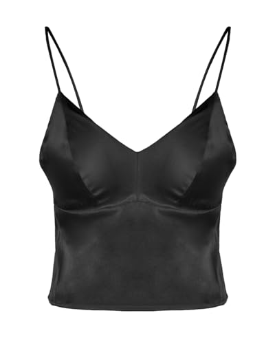 Women's Real Mulberry Silk Satin Bralette Camisole - Wireless Bra Crop Top, V-Neck Spaghetti Strap Tank Top