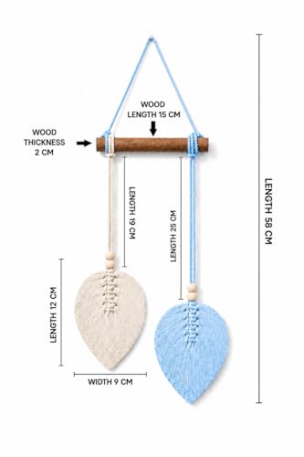 Image of AdFashionble Boho Macrame Wall Hanging Leaf Decor for Home, Living Room & Bedroom | Cotton Thread Art with Wooden Rod | Minimalist Handmade Wall Decoration | Aesthetic Nordic Wall Art for Home, Office & Gift Purpose Lenght- 58 cm Width- 15 cm (LIGHT BLUE & OFFWHITE)