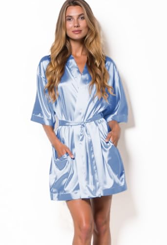 Image of Turquaz Women's Bride Bridesmaids Robe - Satin Kimono Robes for Women, Airy Blue, Large