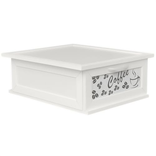 PARAMAISON Portacialde in Legno | Cassetto Porta Capsule per Nespresso, Dolce Gusto o Lavazza | Organizer per Caffè, Tè e Tisane | Design Chicchi Caffè Bianco