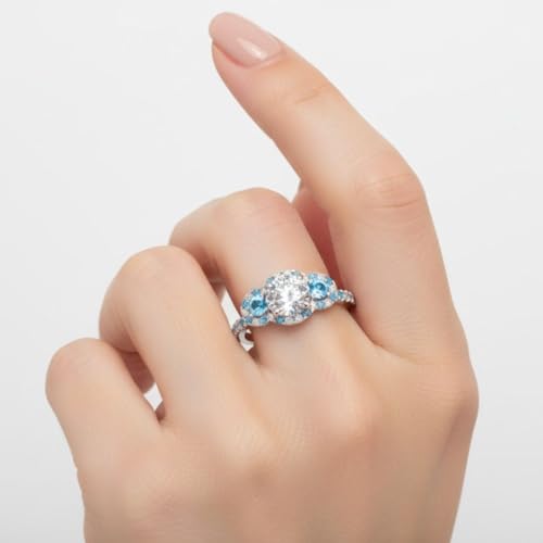 Image of 55Carat Choose Your Gemstone Delicate 3 Stone Halo Diamond CZ Ring Sterling Silver Round Shape Halo Engagement Rings Everyday Jewelry Wedding Jewelry Handmade Gifts for Wife US Size 4 to 12