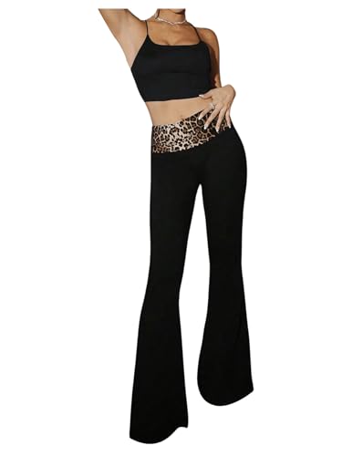 MakeMeChic Women's Flared Leg Pants Leopard Print Elastic Waist Y2K Bootcut Trousers Bell Bottoms