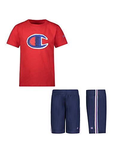 Champion Boys 2 Piece Photoreal Short Sleeve Tee Shirt and Mesh Short Set Kids Clothes (Scarlet/Navy, 7)