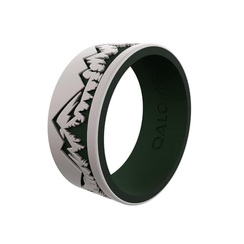 QALO Men's Rubber Silicone Ring, Frost & Forest Ridgeline Strata, Silicone Rubber Wedding Band, Breathable, Durable Wedding Ring for Men, 9mm Wide 1.85mm Thick, Grey & Forest Green, Size 9