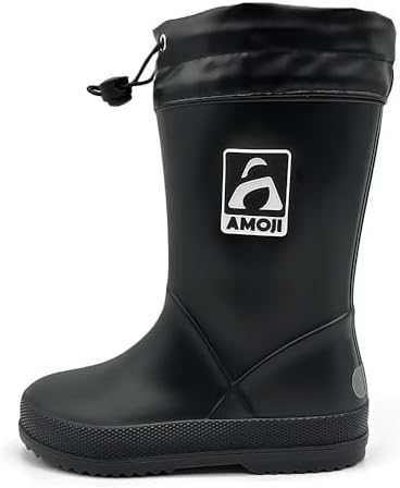 AMOJI Boy Girl Rain Boots Toddler Kid Rubber Boot Children Anti Slip Rain Shoes Child Waterproof Garden Boots with Drawstring Cuff JT6517 Black Size 5-5.5 Big Kid - 1