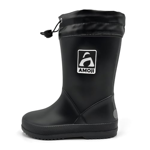 AMOJI Boy Girl Rain Boots Toddler Kid Rubber Boot Children Anti Slip Rain Shoes Child Waterproof Garden Boots with Drawstring Cuff JT6517 Black Size 5-5.5 Big Kid