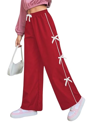 WDIRARA Toddler Girl's Bow Side Waist Track Pants Cute Wide Leg Trousers Red 12Y