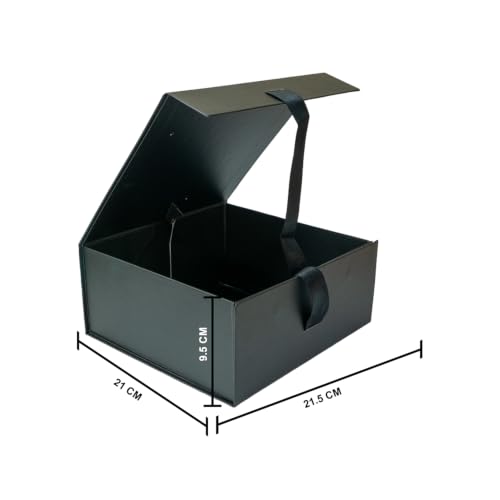 Image of Kura by Ekhasa Foldable Large Multipurpose Gift Hamper Box (21.5 x 21 x 9.5 cm) with Magnetic Closure & Ribbon | Black Rigid Cardboard Empty Reusable Packing Box | Birthday, Wedding & Festive Gifting