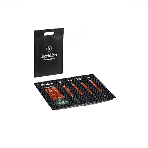 Berídico. Pack de 5 sobres de 100 g de Chorizo Ibérico Extra loncheados y envasados al vacío. Elaborado artesanalmente y curado en secadero natural. Extremadura