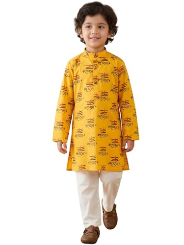 Image of AJ DEZINES Boys Cotton Full Sleeve Letter Printed Kurta Pajama Set for Kids - Ethnic wear | Special Occasion & Traditional Outfit |Boys Kurta Set - Regular Fit