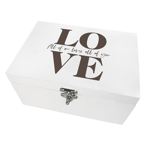 Image of "LOVE" Engraved White Wooden Couples Memory Box | "All of Me Loves All of You" Painted White Keepsake Box | Romantic Anniversary, Wedding & Valentine’s Day Memento Storage | 27 x 19 x 14cm