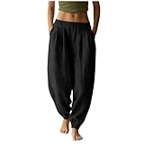 Gubsssl Leinenhose Damen Haremshose Sommerhose Baggy Hosen Leicht Fashion Bottoms Baumwolle Leinen Hose Cargohose Luftig Damenhosen Weite Freizeithose Musselin Schlupfhose Pumphose Schwarz L