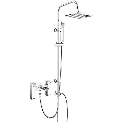 Waterfall Open Spout Bath Shower Mixer Tap with Square Modern 3 Way Rigid Riser Kit Cover