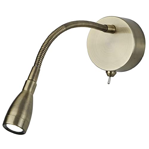 Britalia LED Antique Brass Flexible Switched Modern Reading Wall Light | 0.8W 30lm 6500k LED | IP20 | UK Approved | Bendy Stem | Toggle Switch | Bedroom Lights